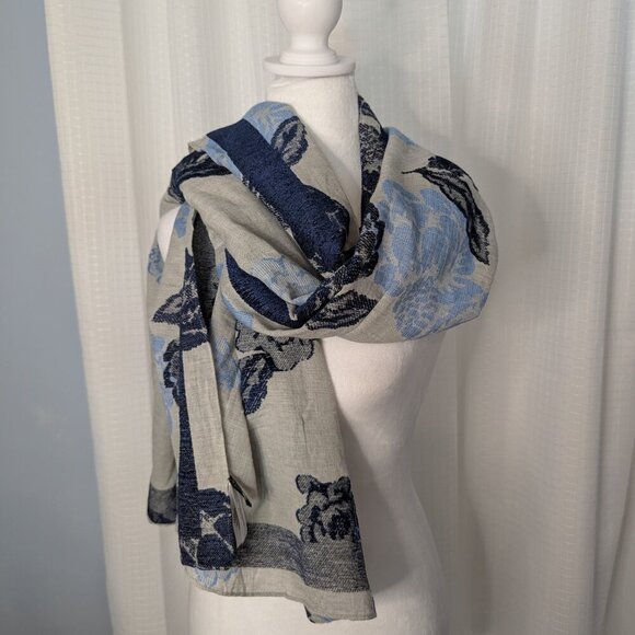 Talbot's Cotton Blend Scarf/Wrap Light Blue, Navy and Gray 26.5"X 72" - Picture 1 of 4